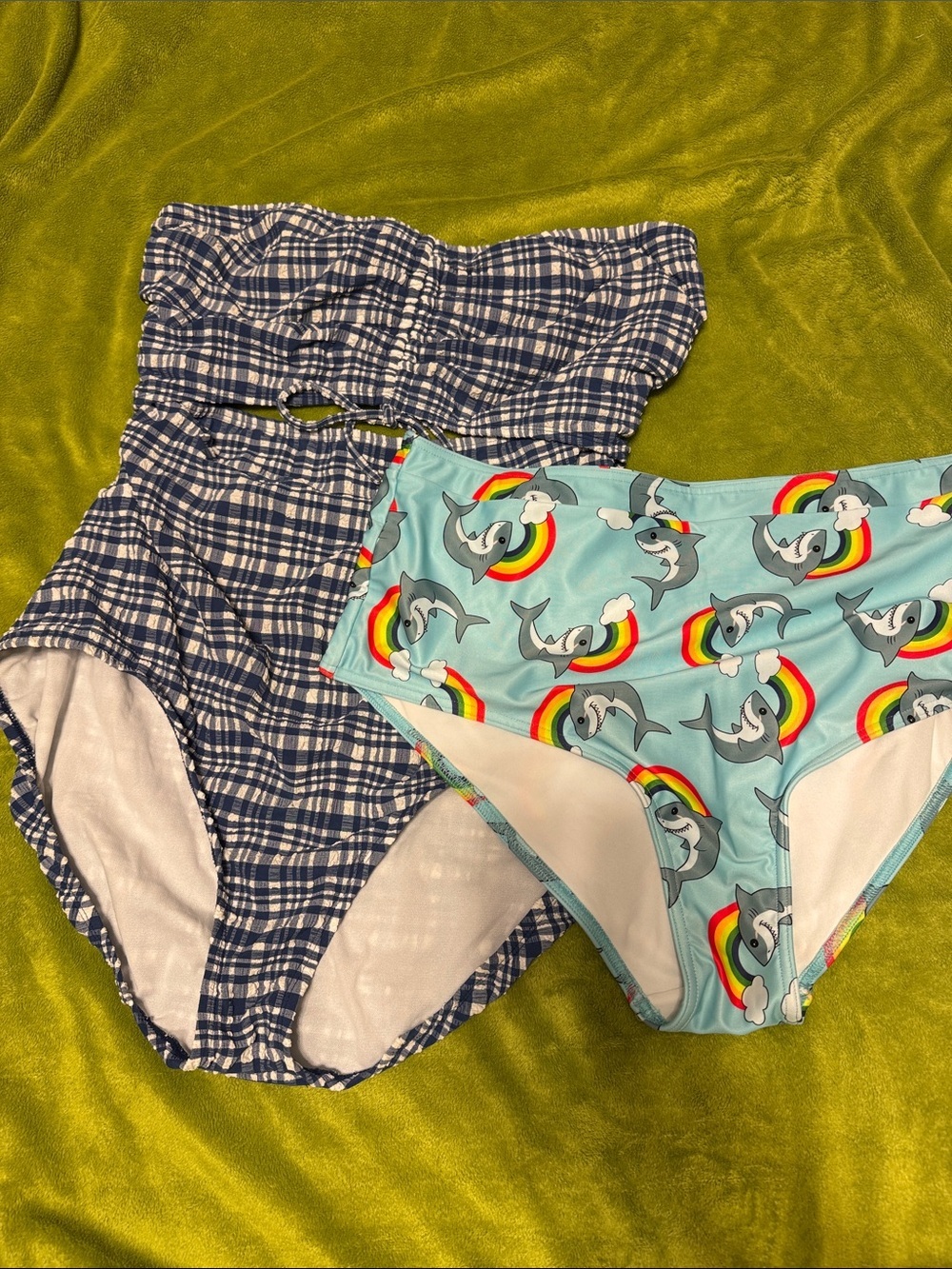 ModCloth X Collectif Rainbow Shark Swim 1X and Blue Gingham 1 piece